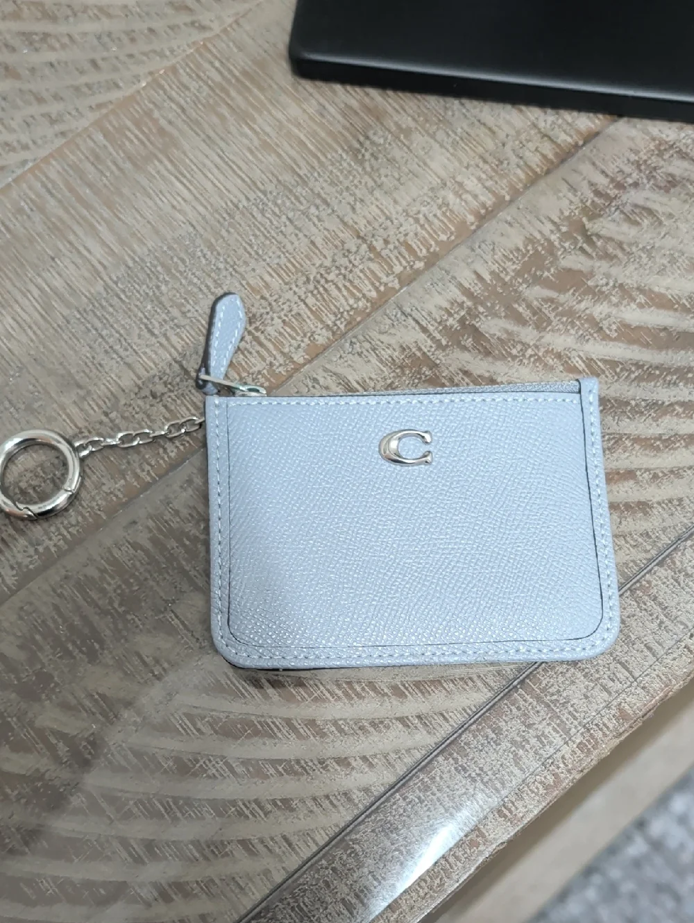 Coach Light Blue Leather Zip Card Case Keychain